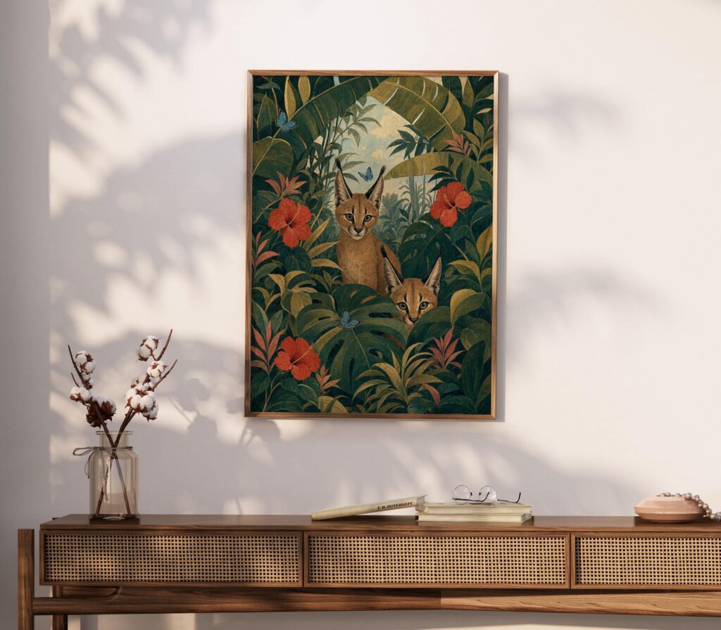 Two Caracals in a Tropical Jungle with Hibiscus Print