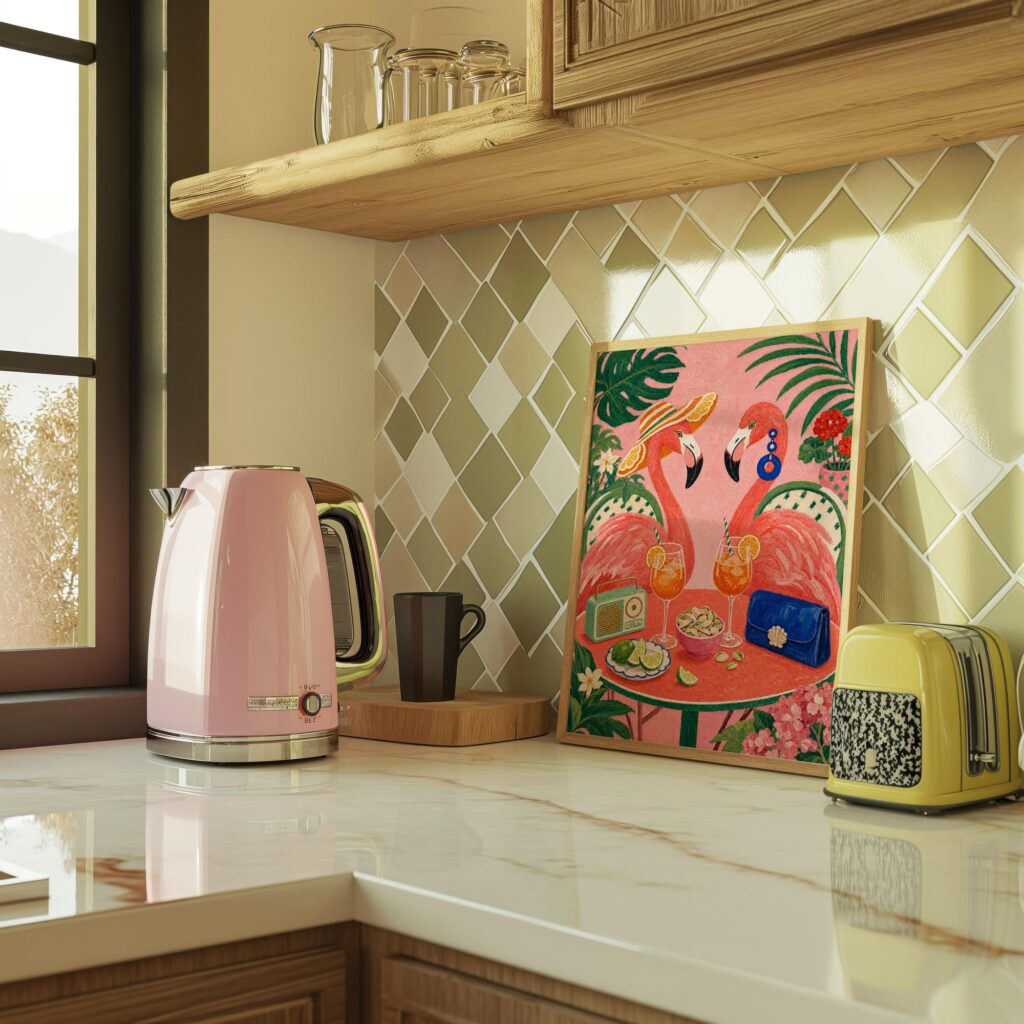 Two Flamingos Drinking Spritz on a Tropical Terrace Print