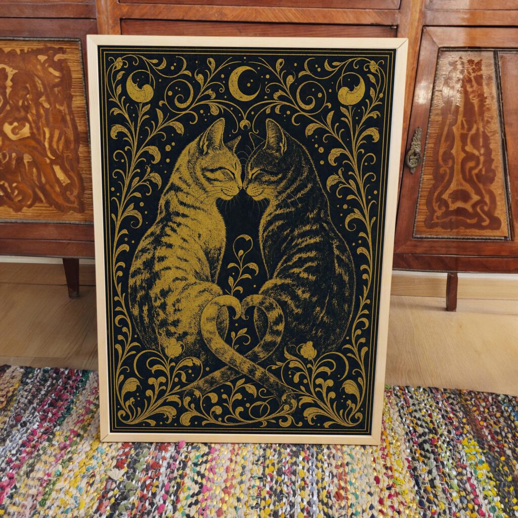 Two Gold Cats Nuzzling Under a Crescent Moon Print