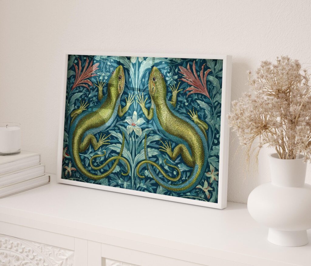 Vintage Green Lizard William Morris Style Poster