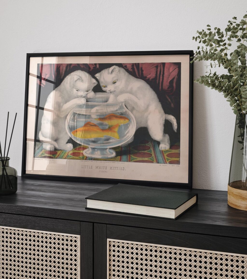 Vintage White Kittens Fishing Print