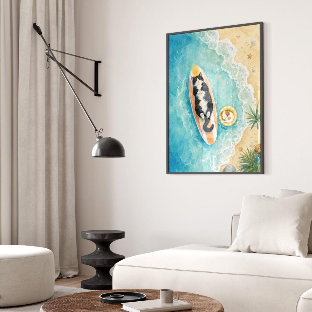Watercolor Tuxedo Cat Asleep on a Surfboard Print