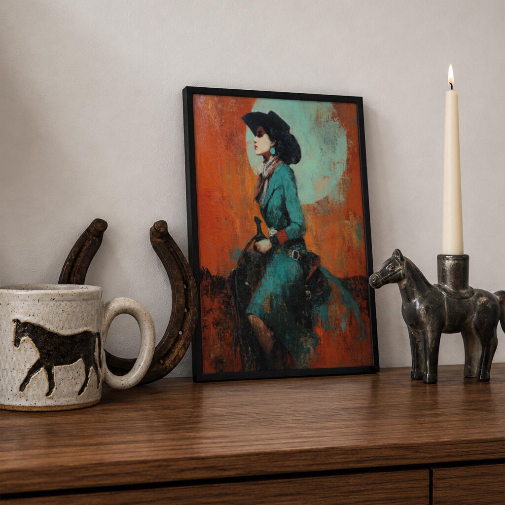 Western Cowgirl in Teal and Orange Print