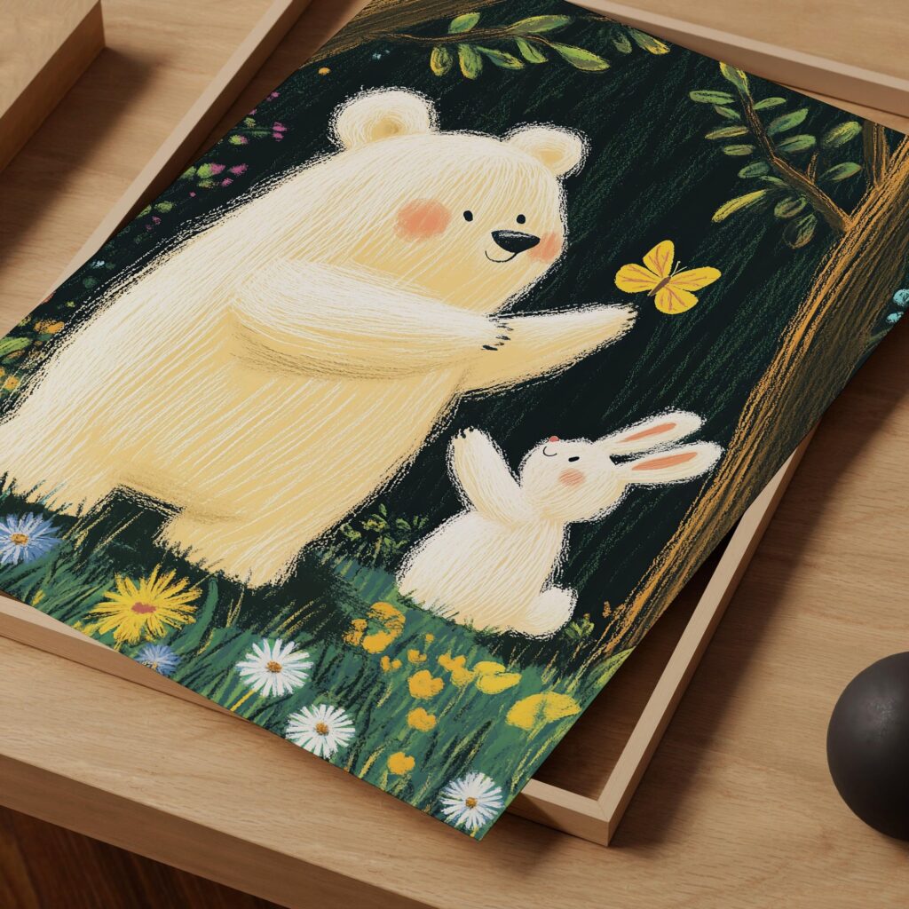 Whimsical Bear and Rabbit Nursery Art Print