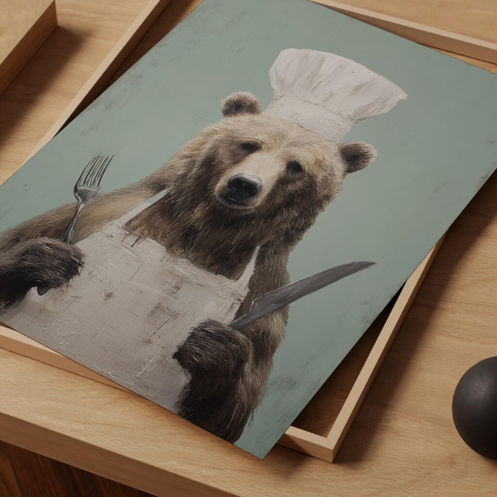 Whimsical Chef Bear Illustration Kitchen Wall Art