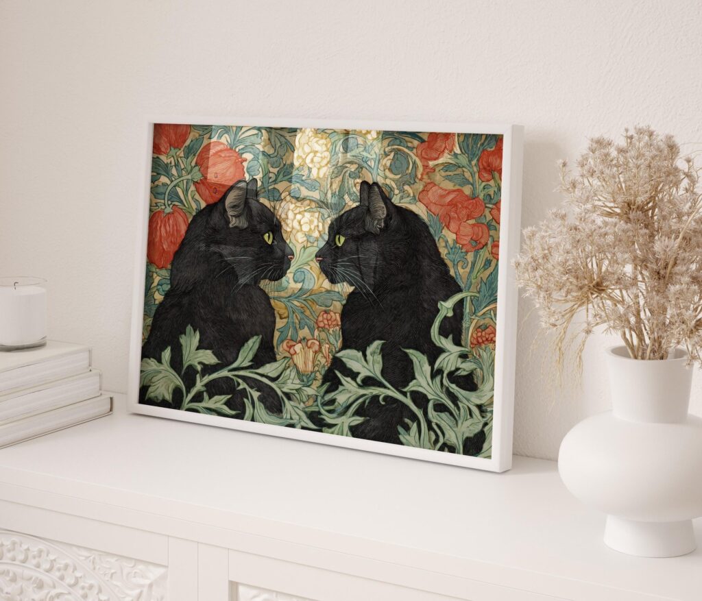 William Morris Black Cats in a Floral Garden Print