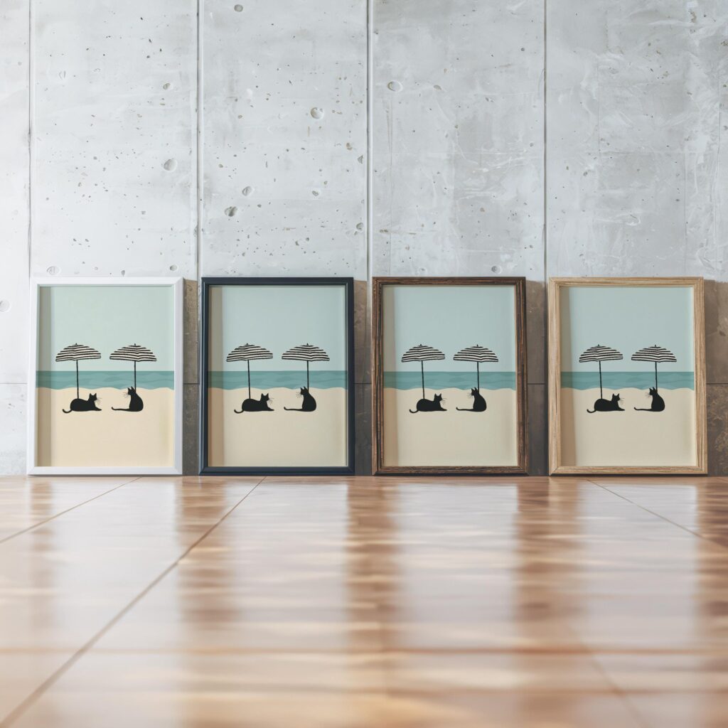 Beach Cats Under Umbrellas Print