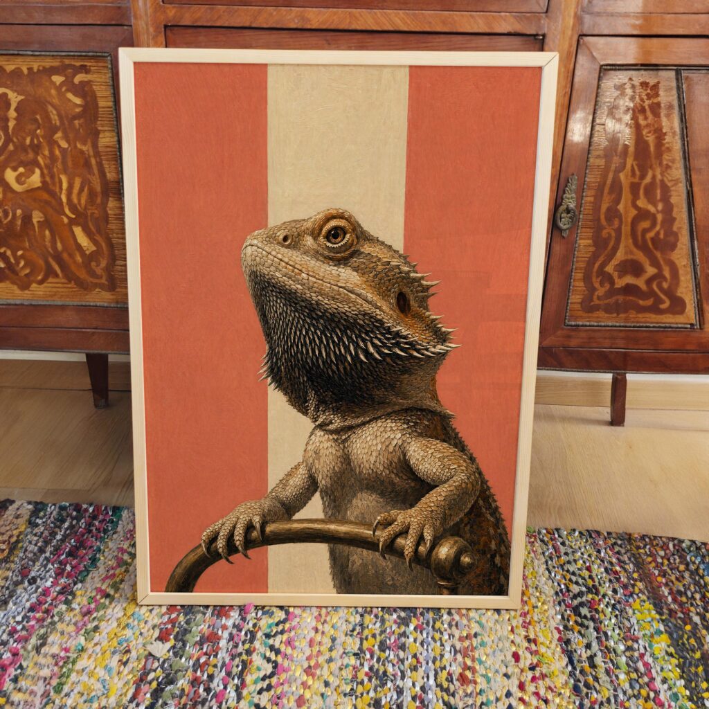 Bearded Dragon Portrait on Red Stripes Print