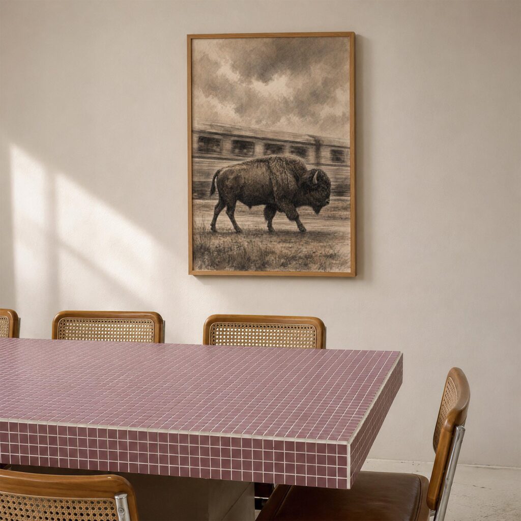 Bison Walking Past a Passing Train Print