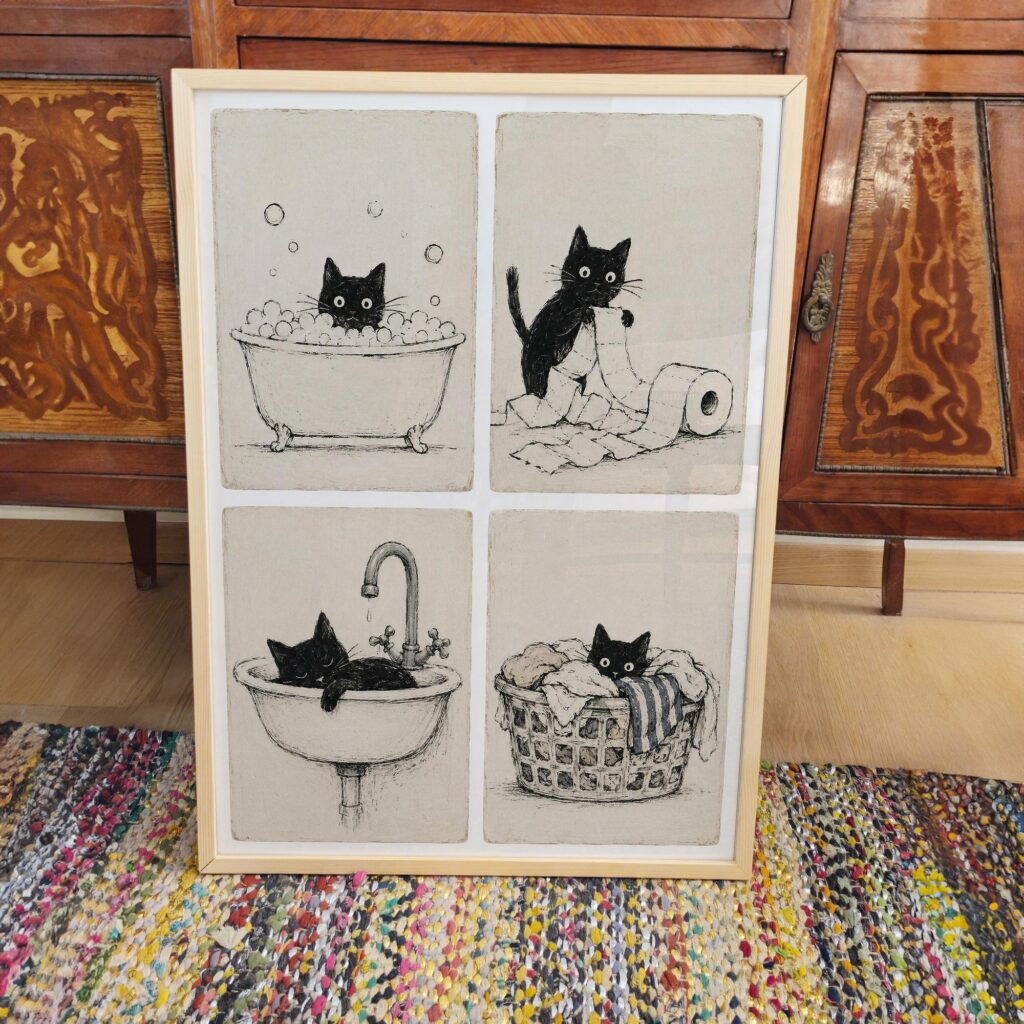 Black Cat Bathroom Print Set