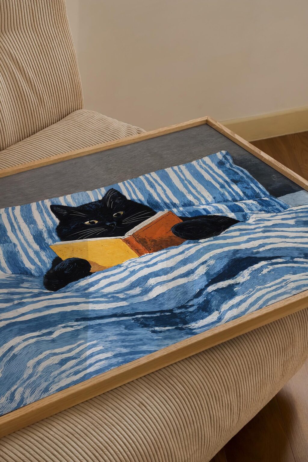 Black Cat Bed Reading Print