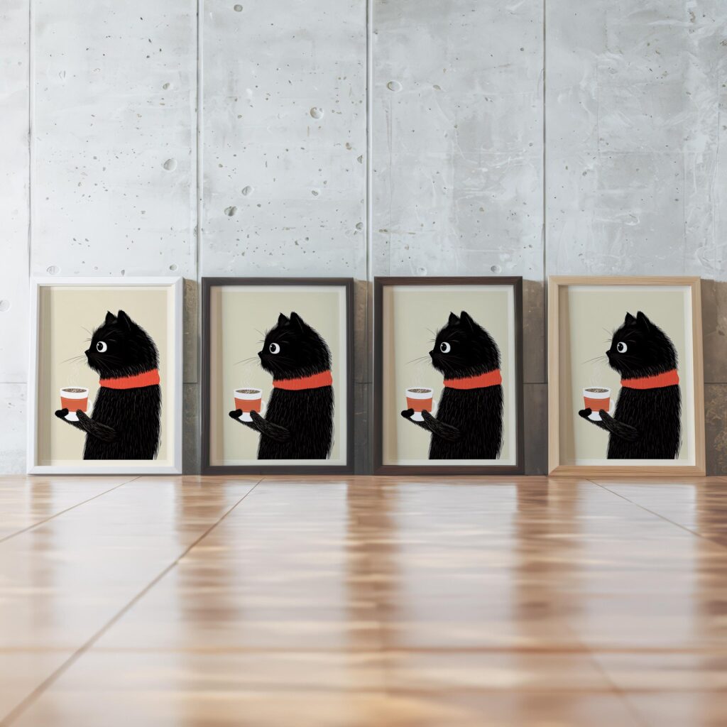 Black Cat Coffee Cozy Scarf Art Print