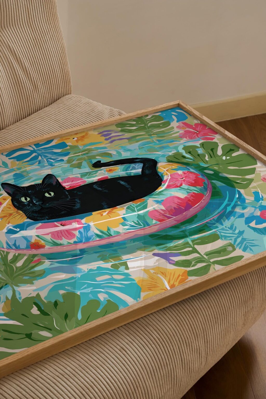 Black Cat in a Tropical Float Print