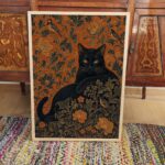 Black Cat with Birds on William Morris Floral Print