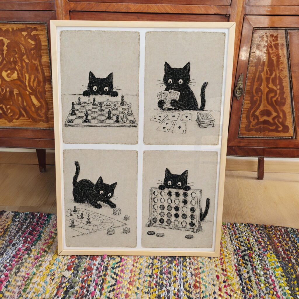 Black Cats Playing Board Games Print