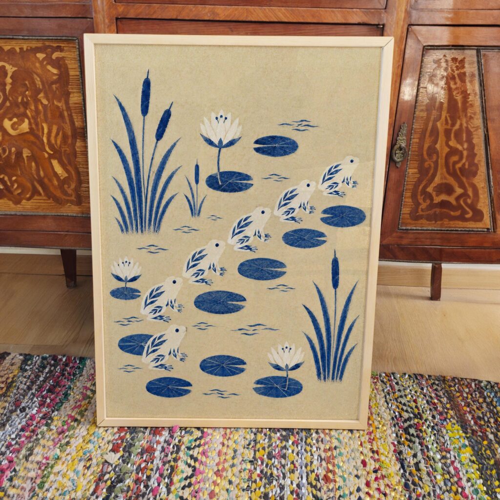 Blue Frogs Leaping Across a Lily Pond Print