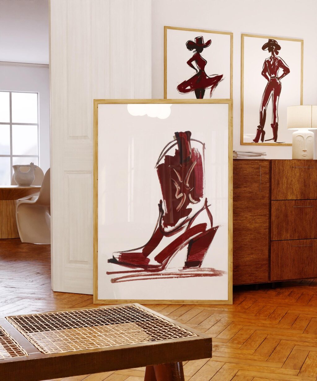 Burgundy Cowgirl Silhouette Art Prints