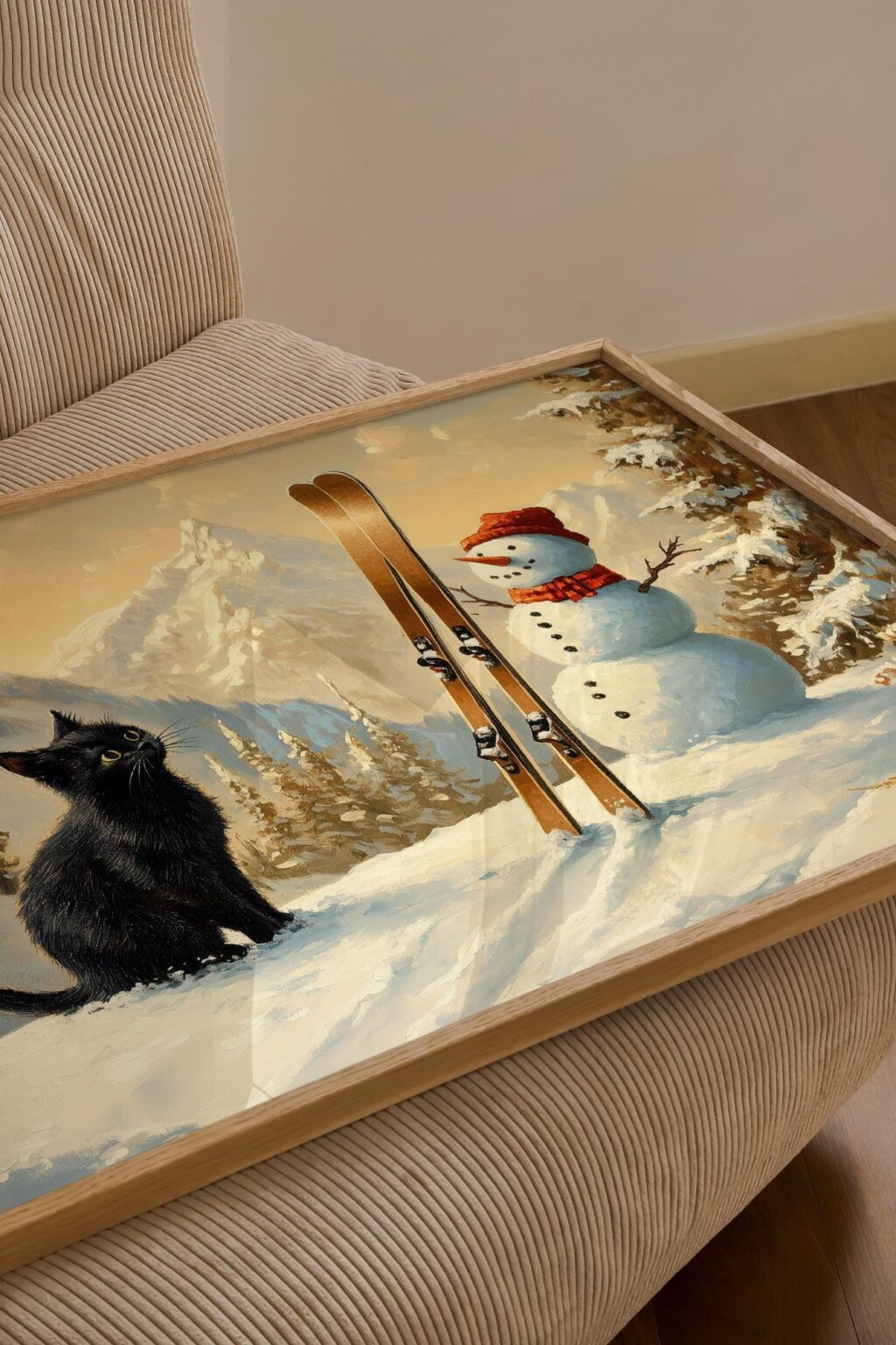 Cat with Snowman and Skis Print