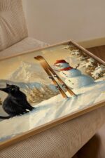 Cat with Snowman and Skis Print