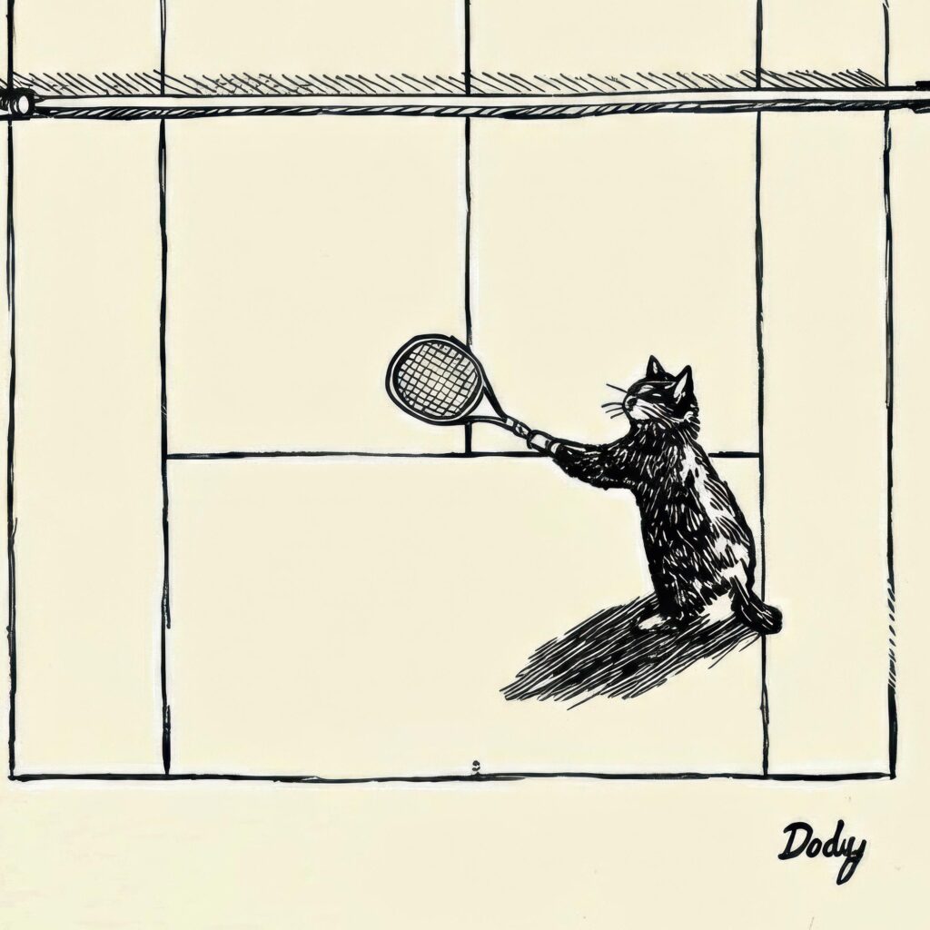 Cats Playing Tennis Ink Sketch Print