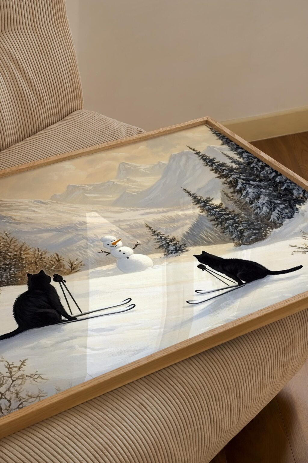 Cats Skiing with Snowman Print