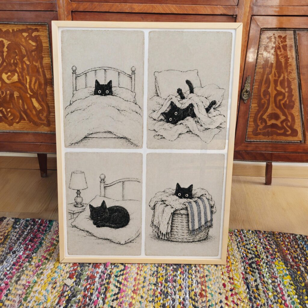Cozy Black Cat in Four Panels Print
