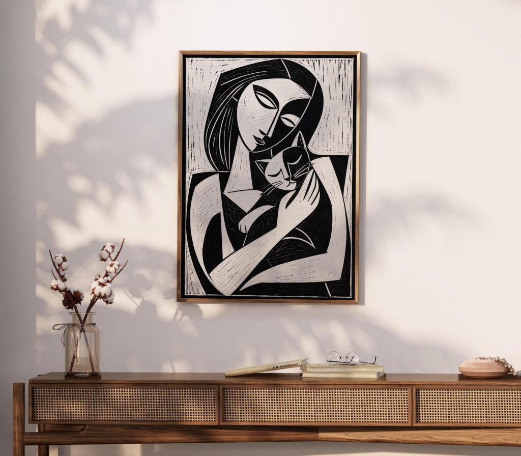 Cubist Woman and Cat Print