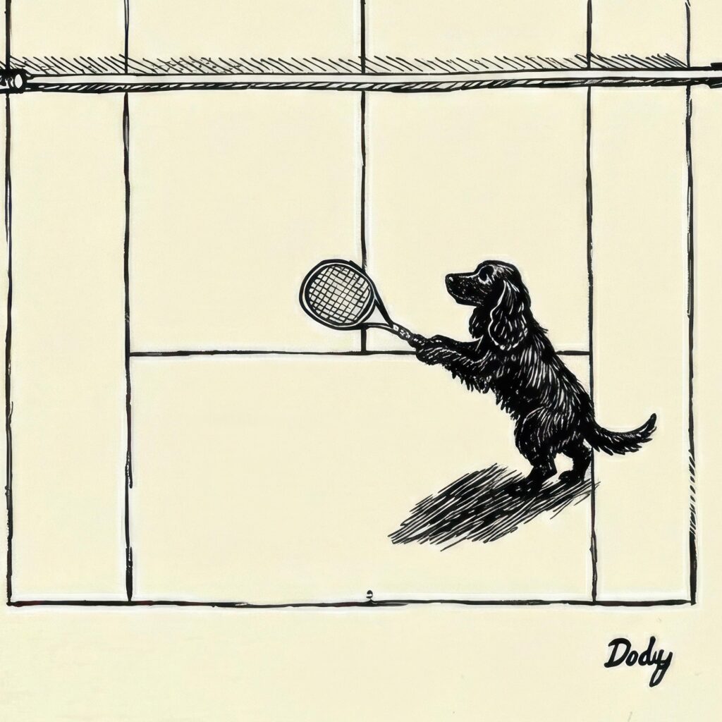 Dogs Playing Tennis Ink Drawing Vintage Style Print