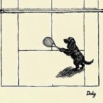 Dogs Playing Tennis Ink Drawing Vintage Style Print