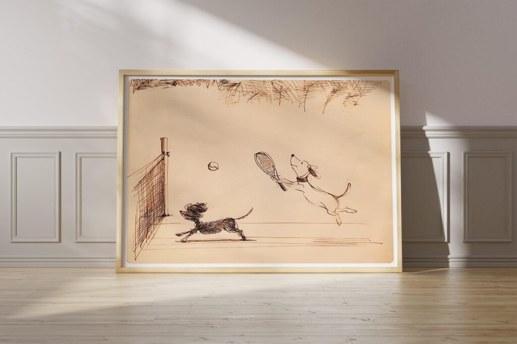 Dogs Playing Tennis Ink Sketch Print