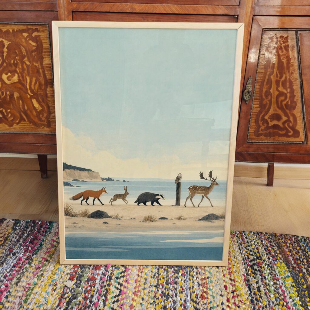 Fox Hare Badger Owl and Deer Walking Print