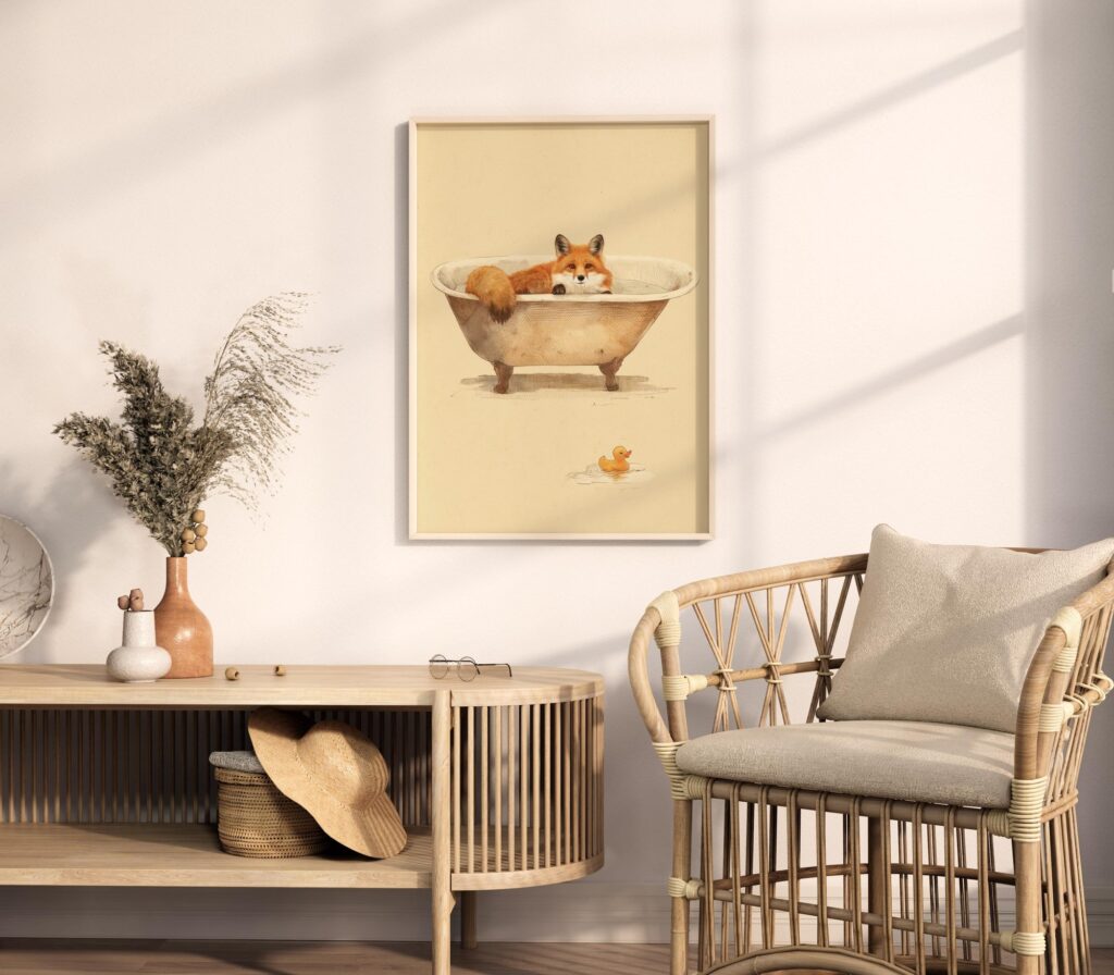 Fox in Bathtub Vintage Illustration Print