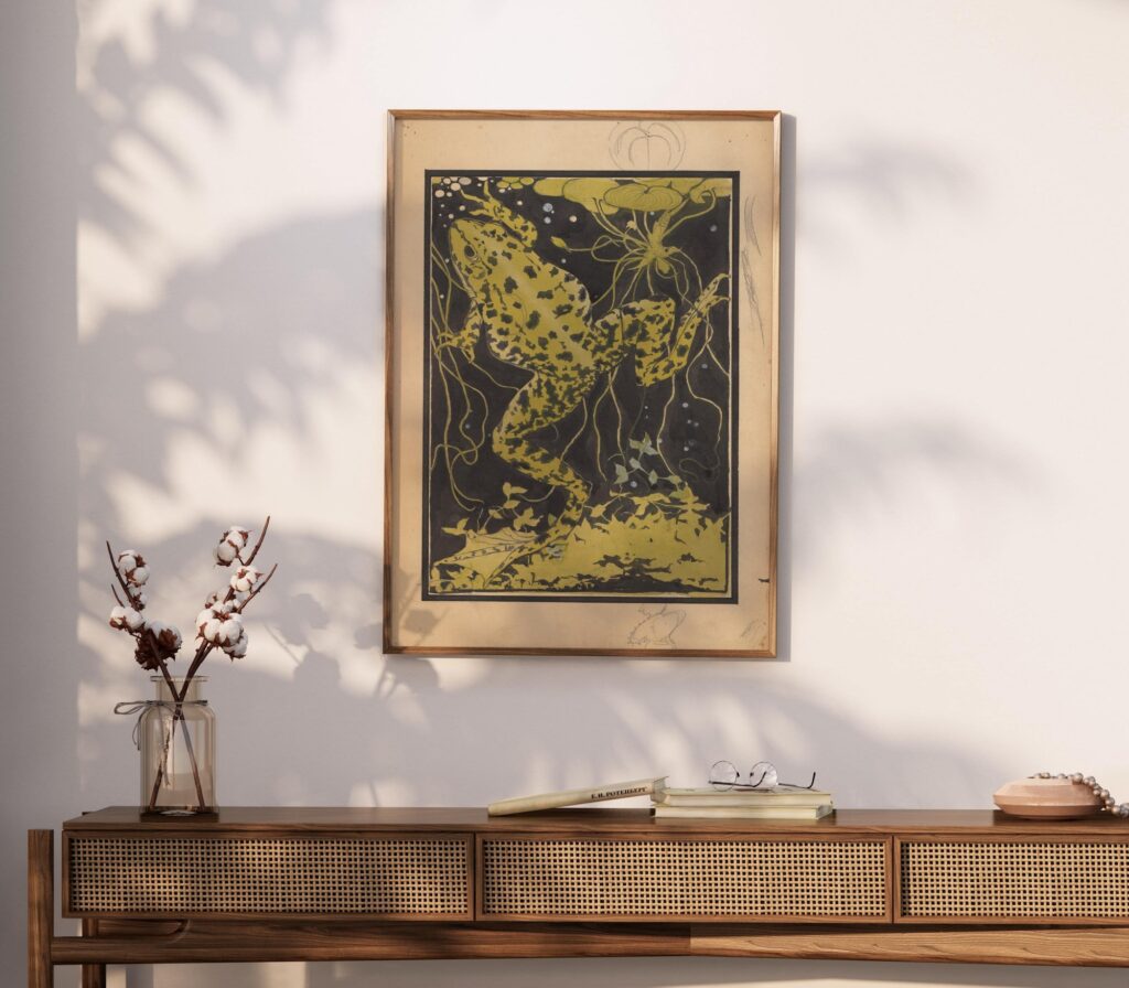 Frog in Water Art Nouveau Woodcut Print