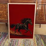 Galloping Black Horse on Deep Red Print