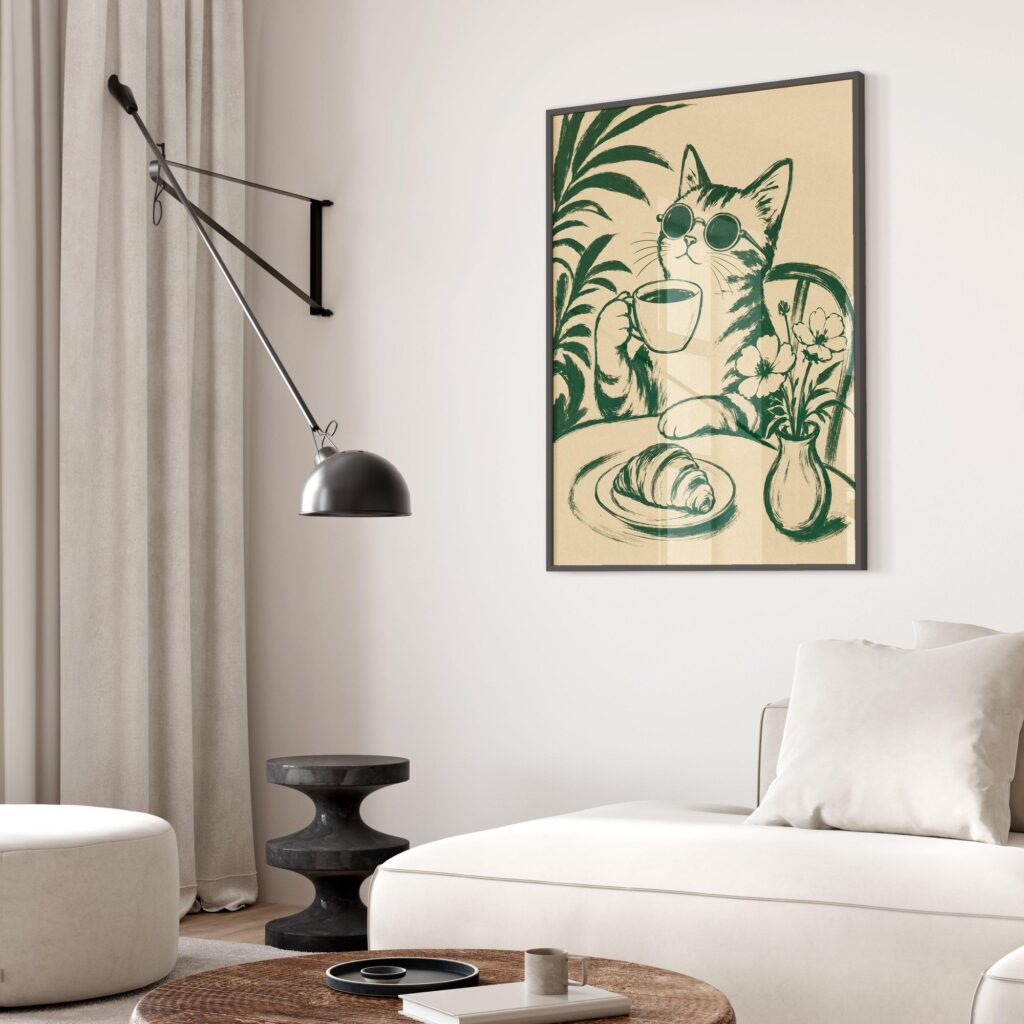 Green Coffee Cat Print