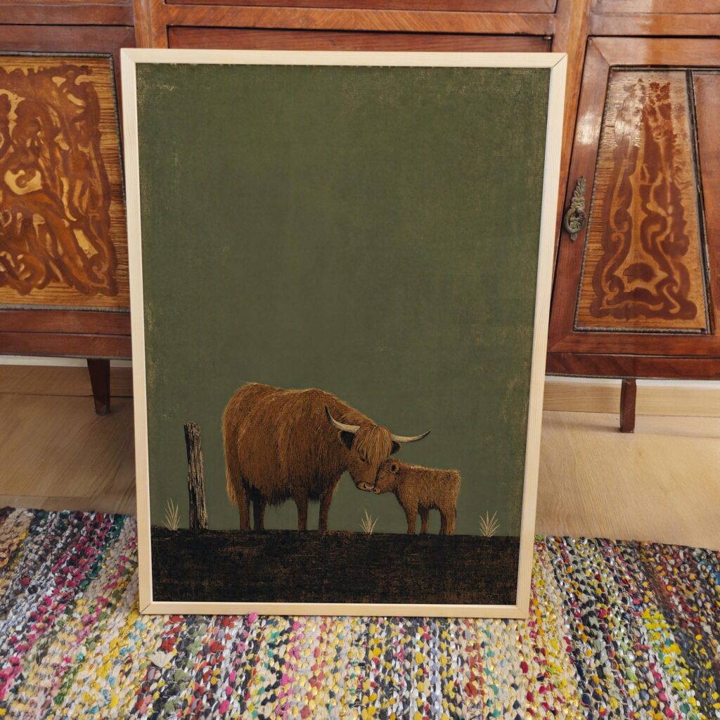 Highland Cow and Calf Nuzzling Print