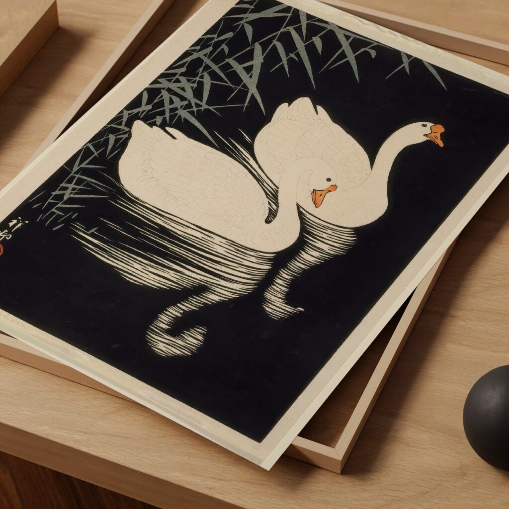 Japanese Swans Print Bird Art Japandi Decor Signed Ohara