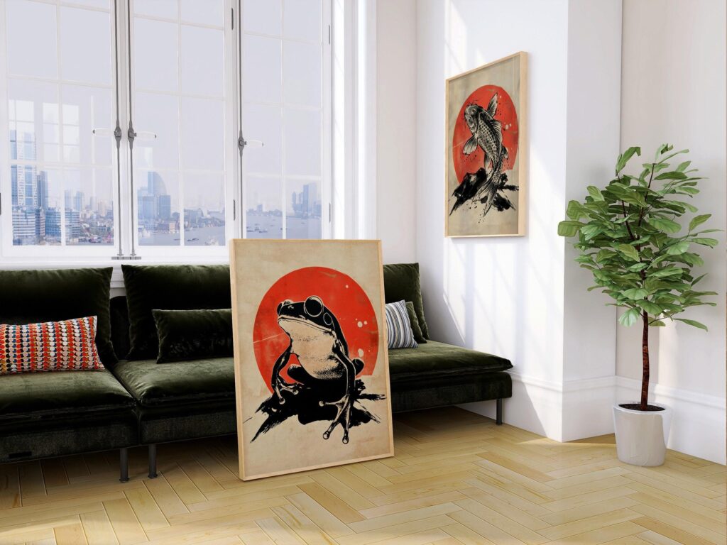 Mid Century Frog and Koi Fish Print Set
