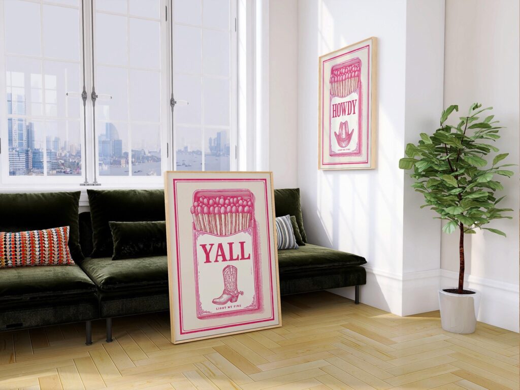 Pink Western Matchbox Howdy Yall Retro Art Print Set