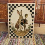 Rabbit Photographer with Antique Camera on Checkerboard Print