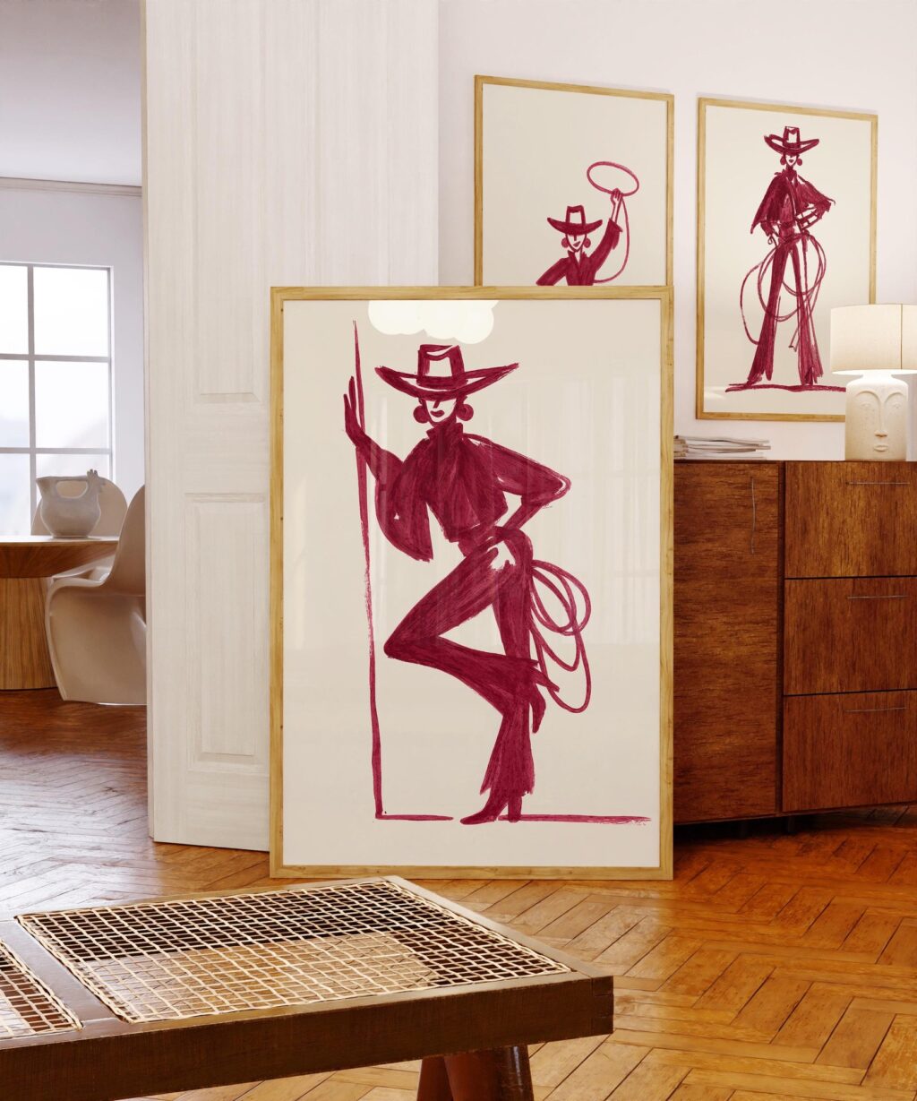 Set Of 3 Burgundy Cowgirl Art Prints