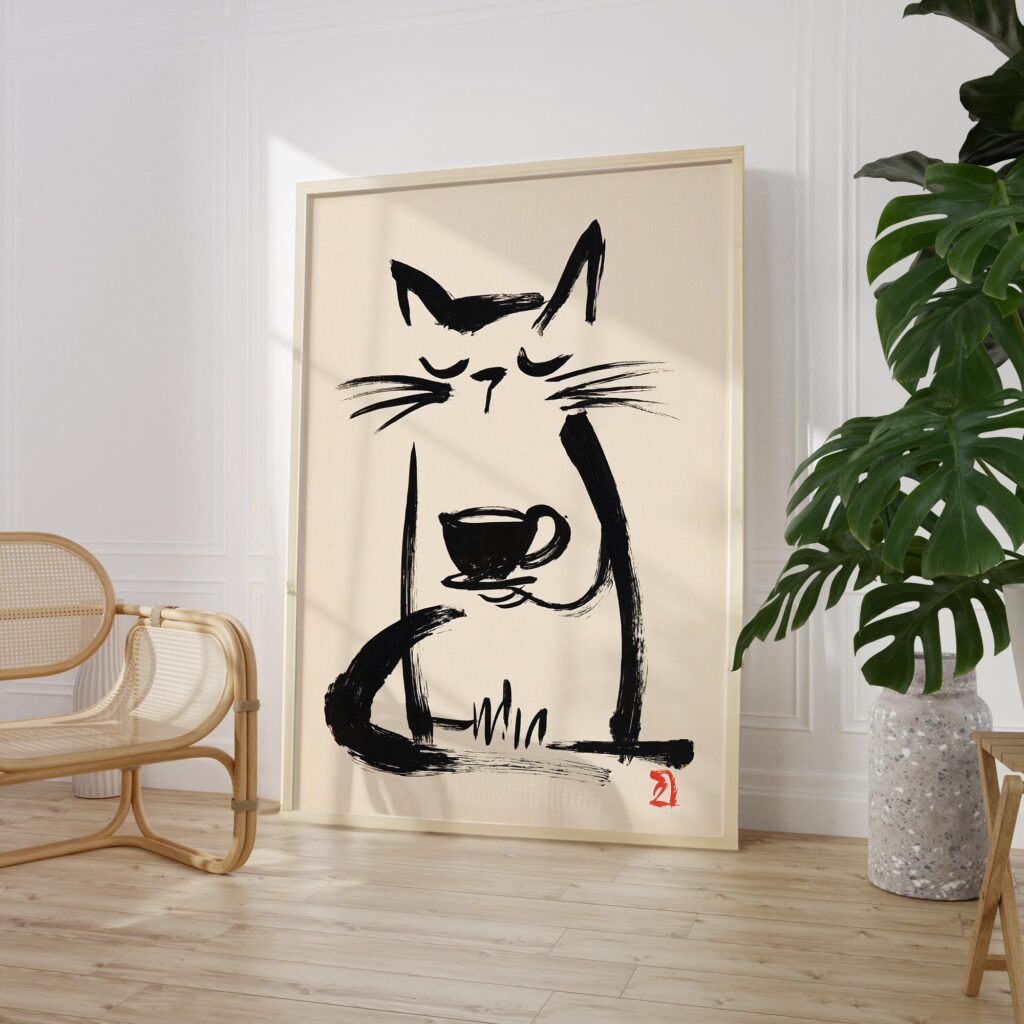 Sumi-e Coffee Cat Print