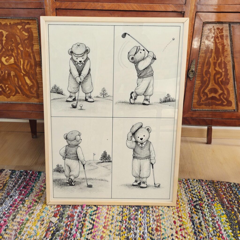 Teddy Bear Playing Golf in Four Sketches Print