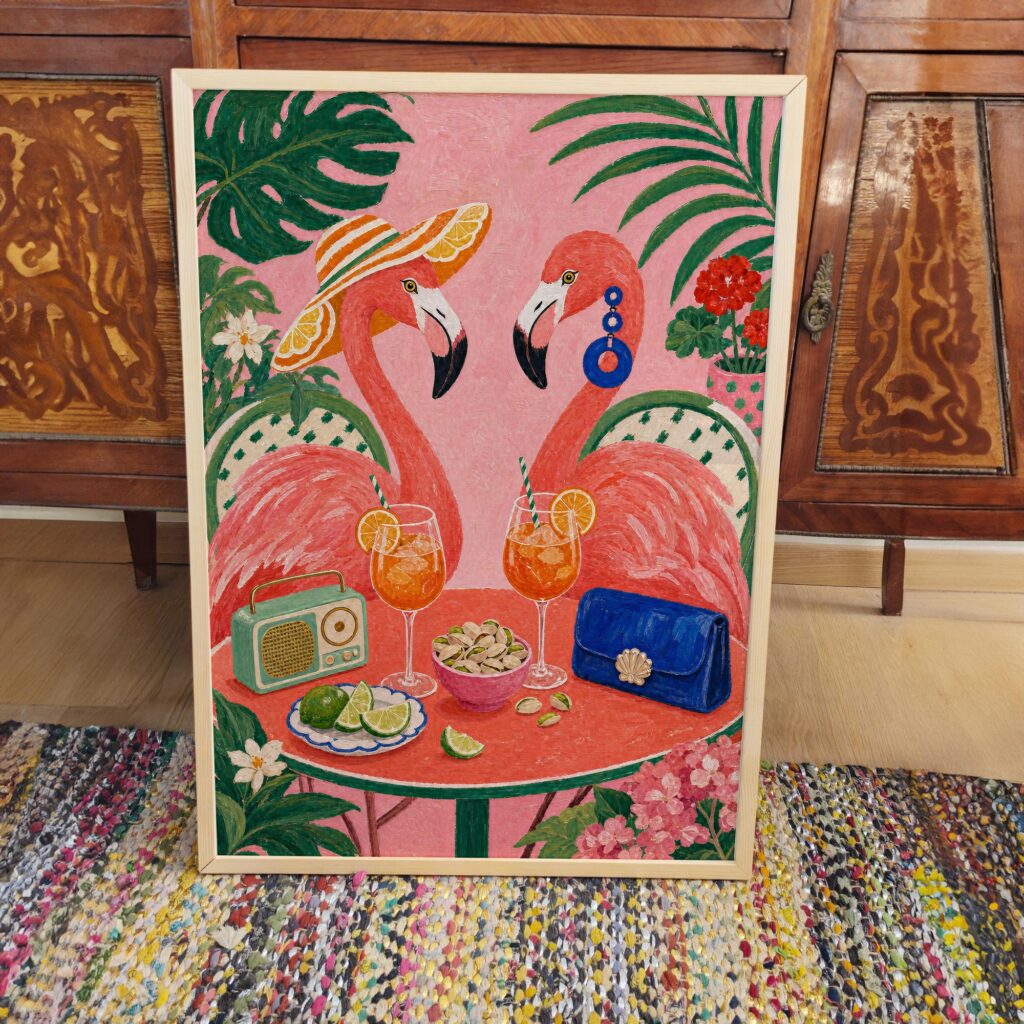 Two Flamingos Drinking Spritz on a Tropical Terrace Print