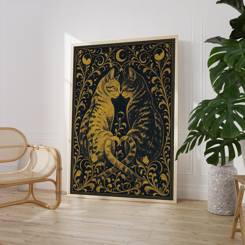 Two Gold Cats Nuzzling Under a Crescent Moon Print