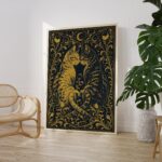 Two Gold Cats Nuzzling Under a Crescent Moon Print