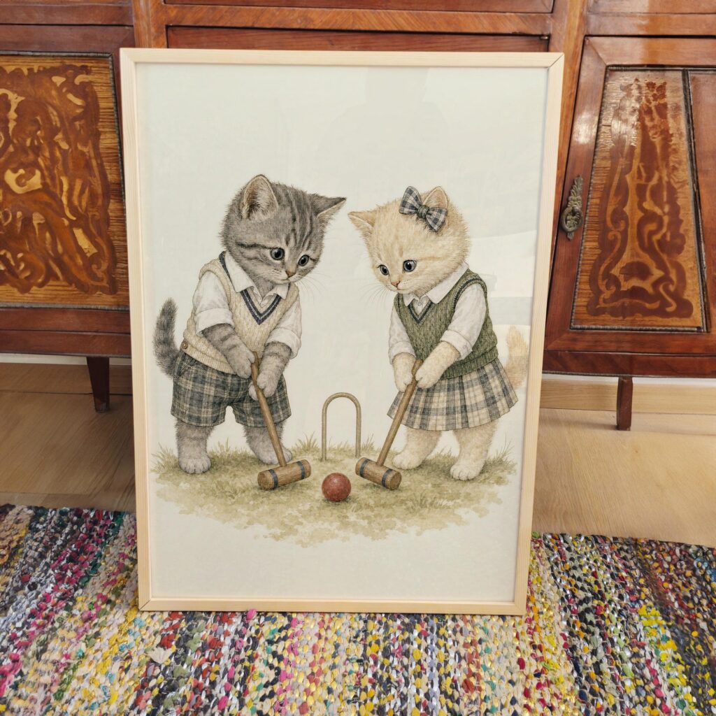 Two Kittens Playing Croquet in Vintage Clothes Print