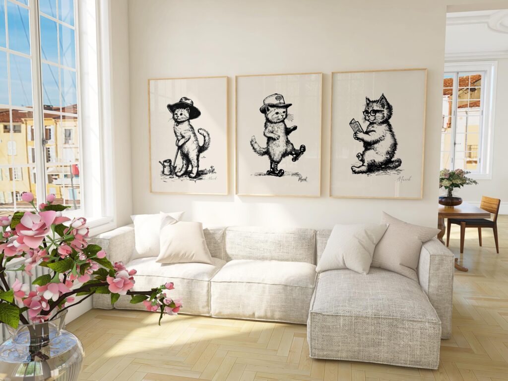 Vintage Cat Illustration Prints Set