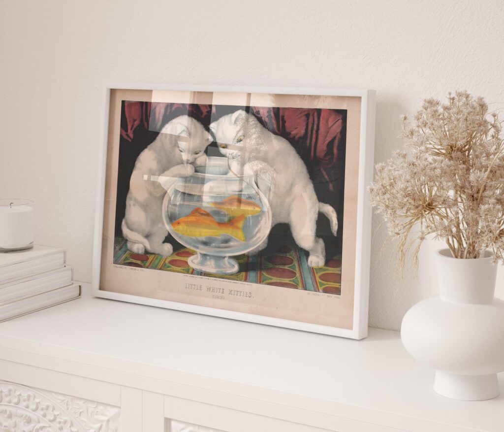 Vintage White Kittens Fishing Print