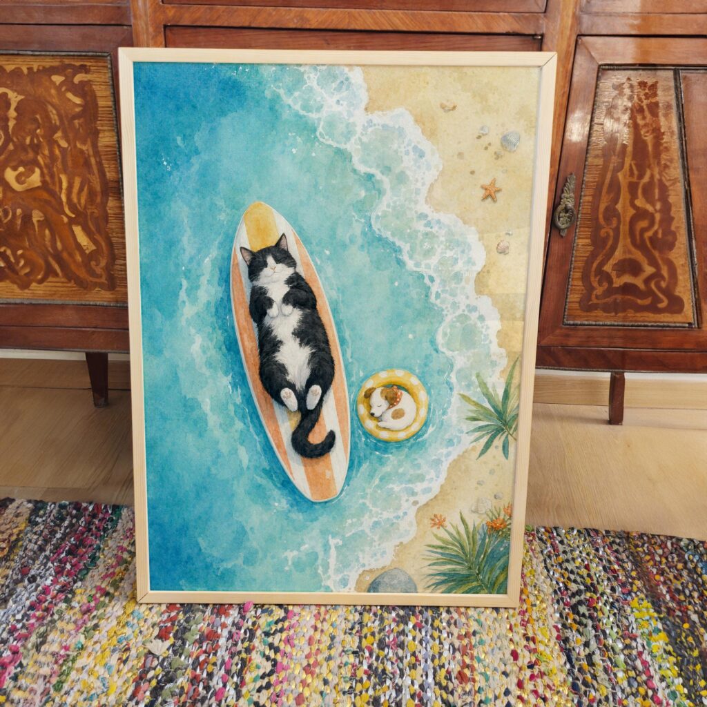 Watercolor Tuxedo Cat Asleep on a Surfboard Print